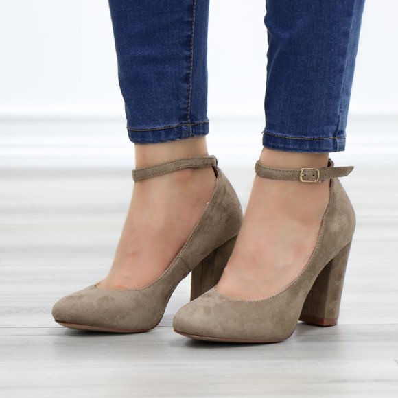 Taupe Ankle Strap Vintage Style Block Heels - Picture 8 of 14